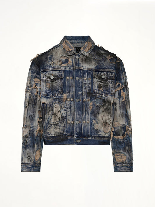 THUG CLUB Hard-Washed Damaged Denim Jacket (Blue)