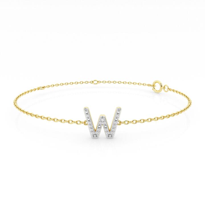 Image of Bracelets. Productname: Brilliant Claw Initial W Slider Chain Bracelet with 0.05ct of Diamonds in 9kt Yellow Gold in Diamond colour by brand - Bevilles