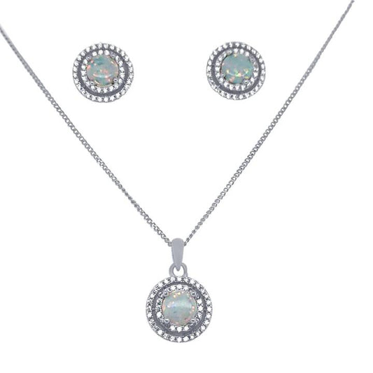 Image of Earrings. Productname: Double Halo Synthetic Opal Necklace and Stud Earrings Set in Silver colour by brand - Bevilles