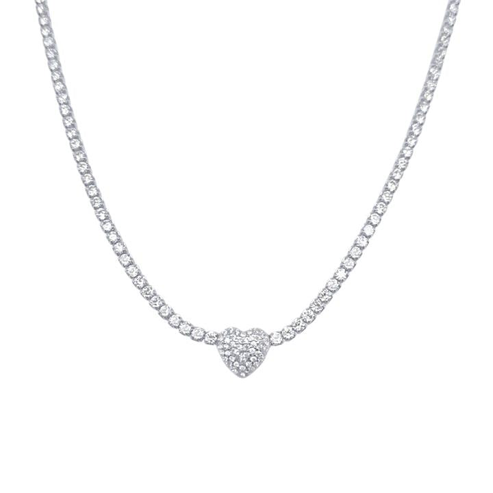Image of Necklaces. Productname: 38cm Pave Heart Necklace with Cubic Zirconia in Sterling Silver in Silver colour by brand - Bevilles