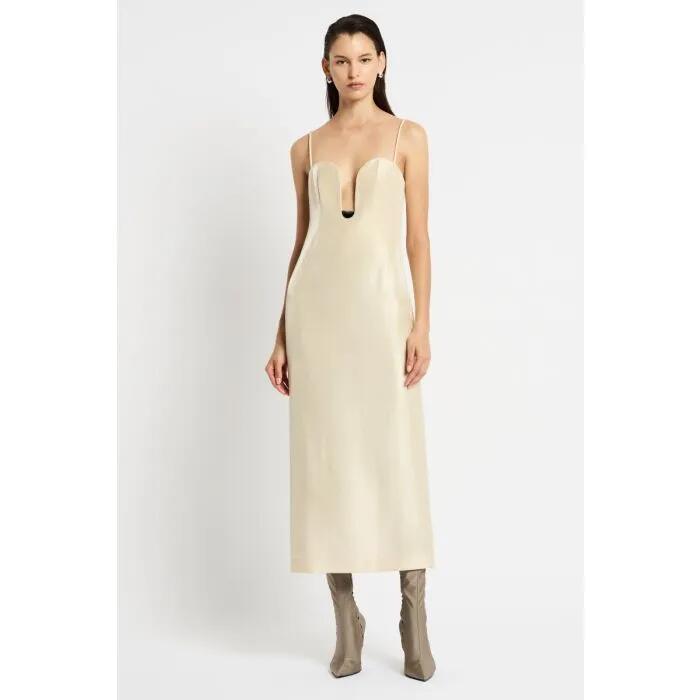 Image of a model wearing Dress. Productname: Ascend Again Dress in Sand colour by brand - sass and bide