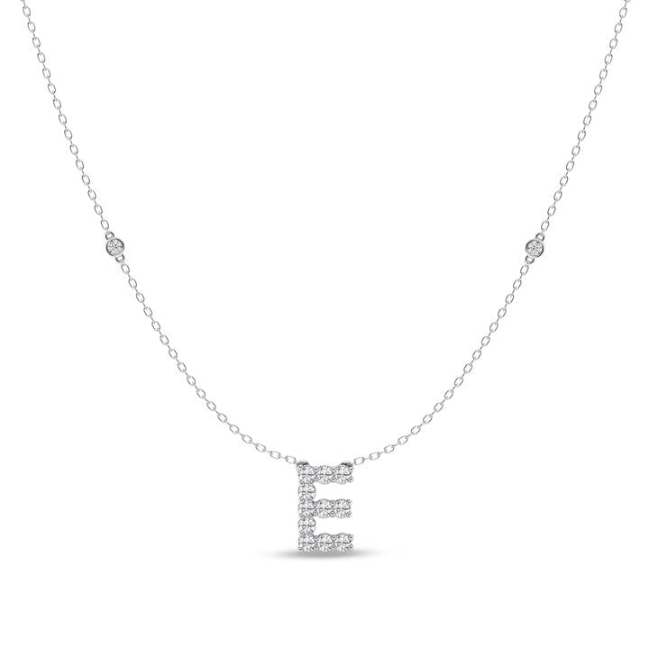 Image of Necklaces. Productname: Brilliant Claw Initial E Slider Necklace with 0.40tw of Laboratory-Grown Diamonds in Mirage Sterling Silver and Platinum in Diamond colour by brand - Bevilles