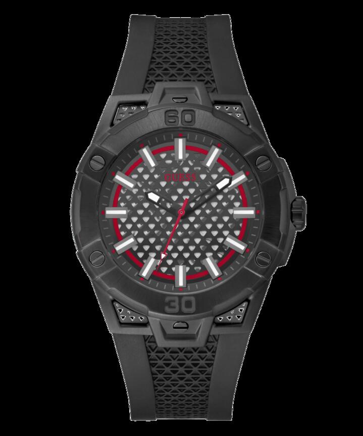 Image of Watches. Productname: Guess Network Brushed Black Logo Case Sunray Black Logo Dial With Black Logo Silicone Strap GW0712G1 in Watch colour by brand - Guess