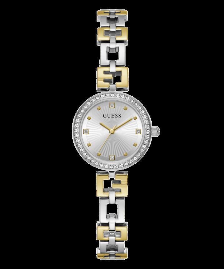 Image of Bracelets. Productname: Guess Lady G Polished Silver Tone Case With Crystals Sunray Silver Dial And Polished Silver And Gold Tone Logo Bracelet With Adjustable G Links GW0656L1 in Watch colour by brand - Guess