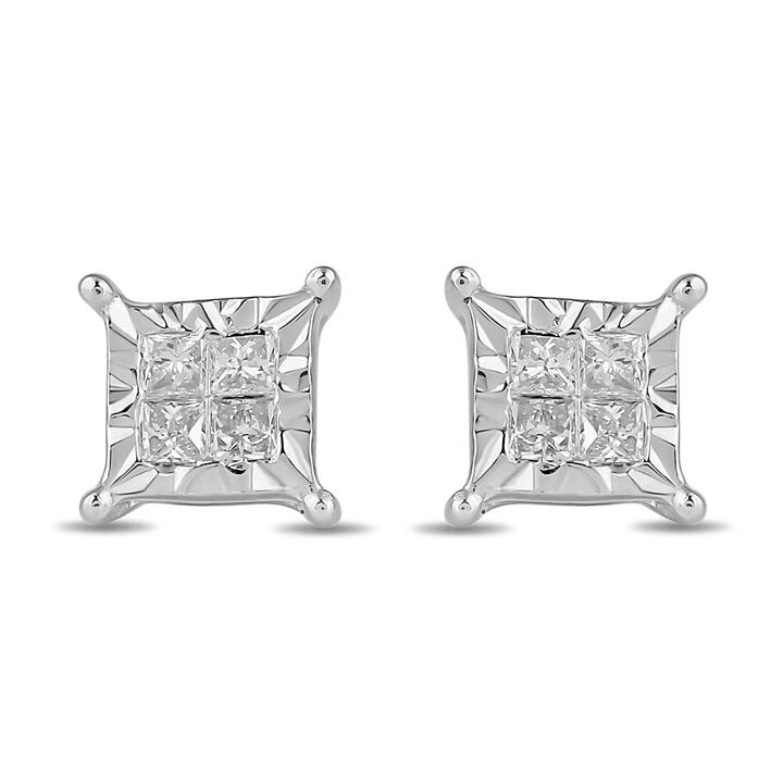 Image of Earrings. Product name - Miracle Halo Earrings with 0.10tw of Diamonds in Sterling Silver in colour by brand - Bevilles