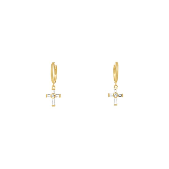 Image of Earrings. Productname: Cross Drop Earrings with Cubic Zirconia in 9kt Yellow Gold in Gold colour by brand - Bevilles