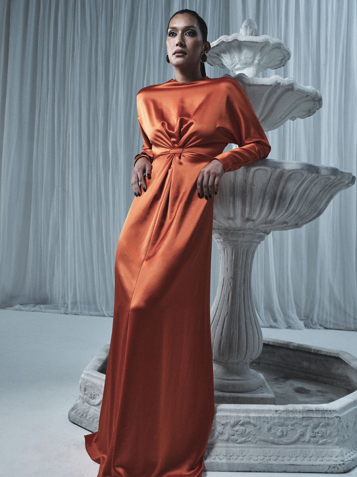 Carla Zampatti Clementine Satin Acetate Draped Soft Sleeve Dress (Orange)