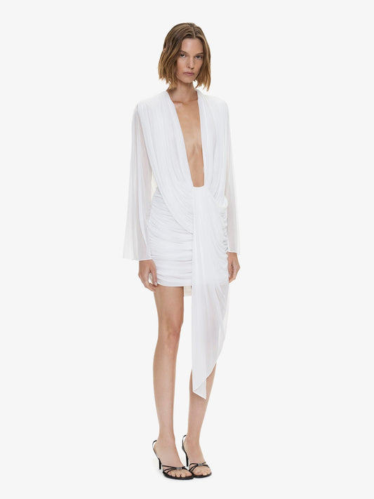 CHRISTOPHER ESBER Ripple Drape Long Sleeve Mini Dress (White)