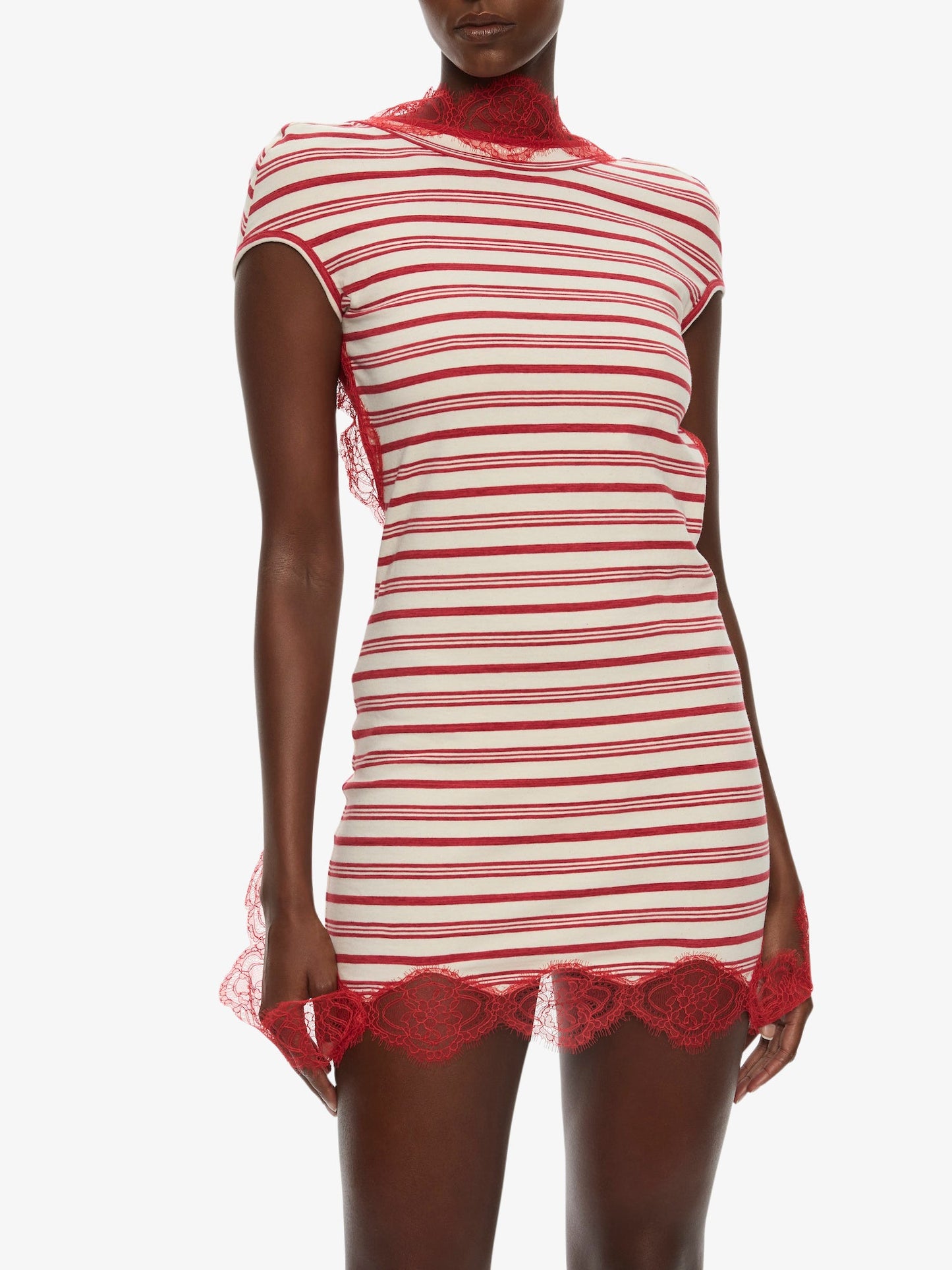 CHRISTOPHER ESBER Stripe Jersey Lace Trimmed Tee Dress (White)