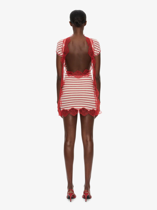 CHRISTOPHER ESBER Stripe Jersey Lace Trimmed Tee Dress (White)