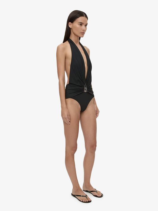 CHRISTOPHER ESBER Crystal Pendant Ruched One Piece (Black)