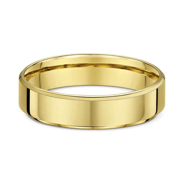 Image of Rings. Product name - Dora 5mm Flat Bevel Edge Wedding Band in 9kt Yellow Gold in colour by brand - Bevilles
