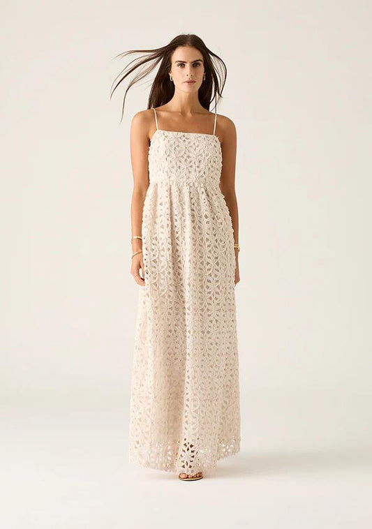 Image of a model wearing Dress. Productname: Rosa Strappy Maxi Dress in Ivory colour by brand - MOS The Label