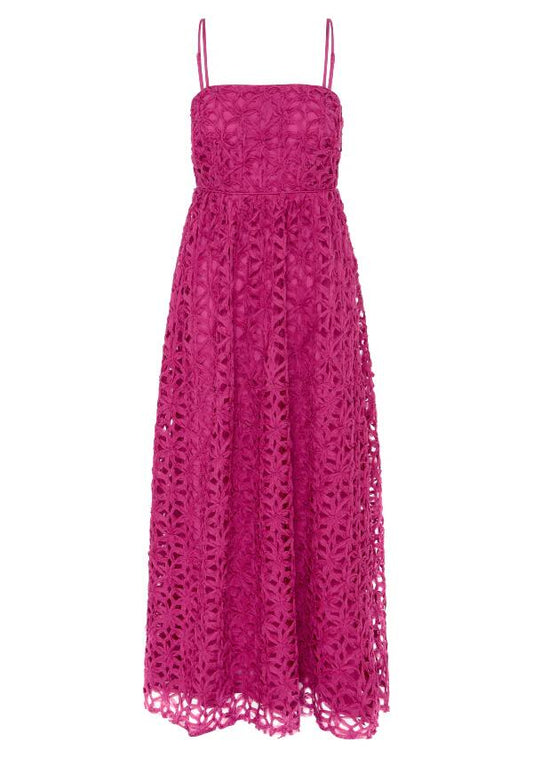 Image of a model wearing Dress. Productname: Rosa Strappy Maxi Dress in Fuchsia colour by brand - MOS The Label