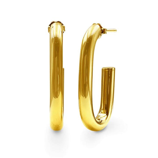 Image of Earrings. Productname: 9kt Yellow Gold Silver Infused Open Back Tube Oval Hoop Earrings in Gold colour by brand - Bevilles