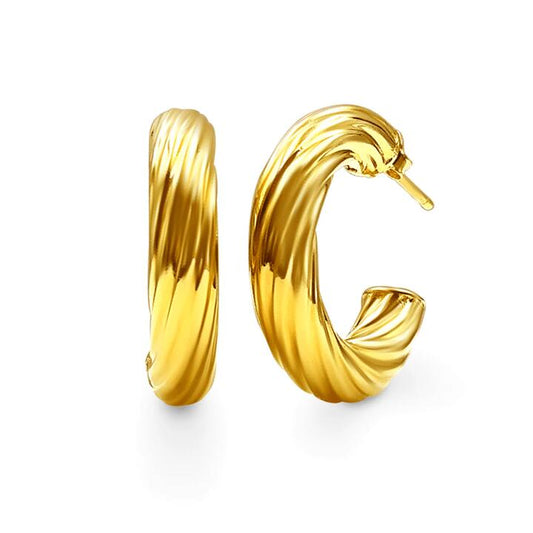 Image of Earrings. Productname: 9kt Yellow Gold Silver Infused Medium Twist Chunky Hoop Earrings in Gold colour by brand - Bevilles