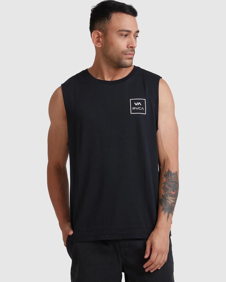 Image of a model wearing Tops. Product name - RVCA Mens Va All The Ways Muscle Shirts Black in Black colour by brand - RVCA