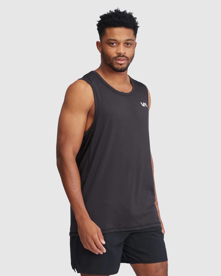 Image of a model wearing Tops. Productname: RVCA - Mens Sport Vent Muscle Shirt - Black - in Black colour by brand - RVCA