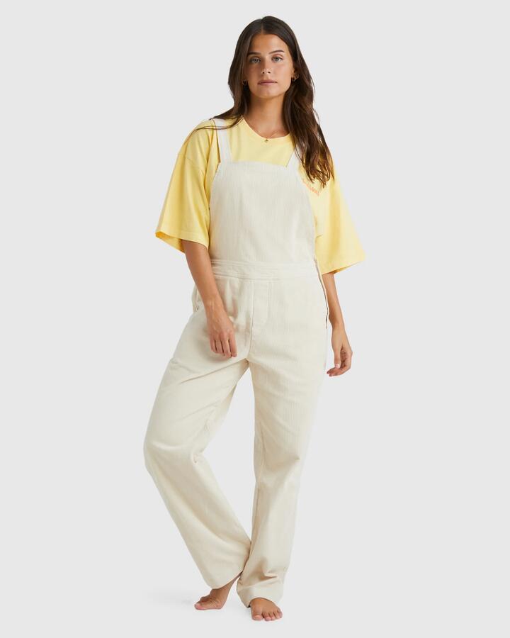 Image of a model wearing Pants. Product name - Billabong Womens So Stoked Overalls Whitecap in Whitecap colour by brand - Billabong