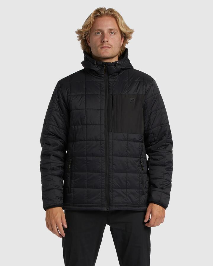 Image of a model wearing Outerwear. Product name - Billabong Mens Journey Puffer Jacket Black in Black colour by brand - Billabong