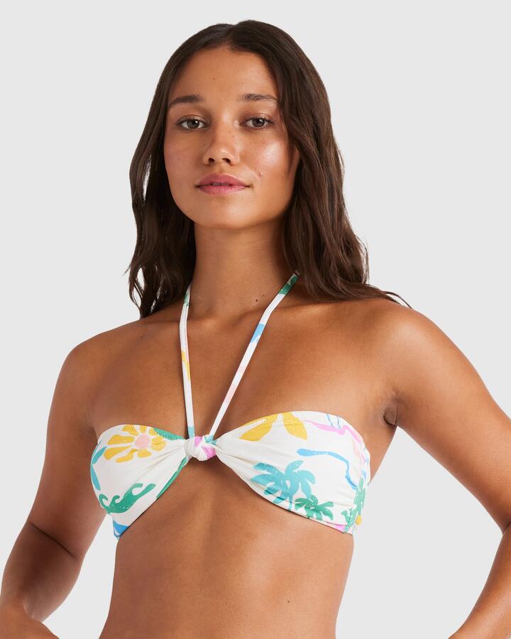 Image of a model wearing Tops. Productname: Roxy Womens Surfari Bandeau Bikini Top Egret Surfari - in Egret Surfari colour by brand - Roxy
