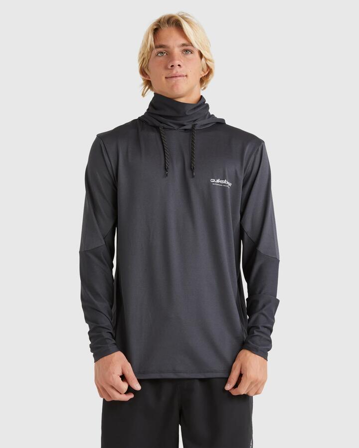 Image of a model wearing Tops. Productname: Quiksilver - Mens Hotpoint Upf 50 Long Sleeve Surf Shirt - Black - in Black colour by brand - Quiksilver