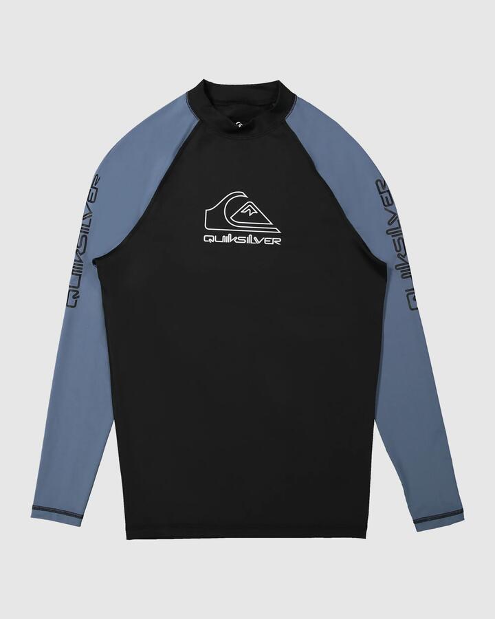 Image of a model wearing Tops. Productname: Quiksilver - Mens On Tour Apac Long Sleeve Upf 50 Rash Vest - Bering Sea - in Bering Sea colour by brand - Quiksilver