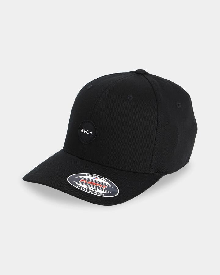 Image of Hats. Product name - RVCA Mens Mini Motors Flexfit Cap Black in Black colour by brand - RVCA