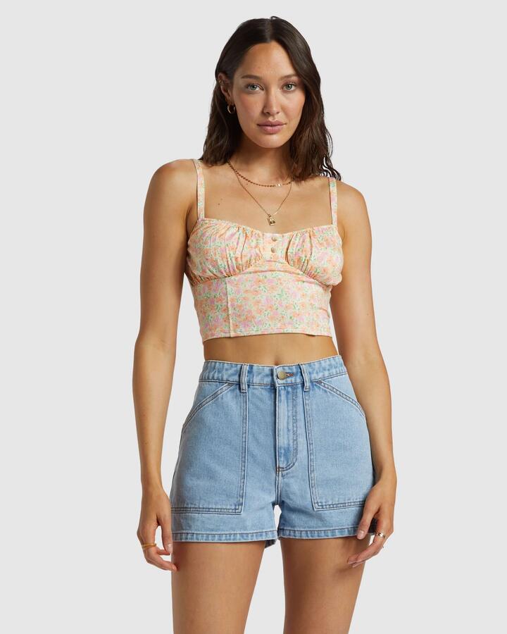 Image of a model wearing Shorts. Product name - Billabong Womens Leia Denim Shorts Soft Blue in Soft Blue colour by brand - Billabong