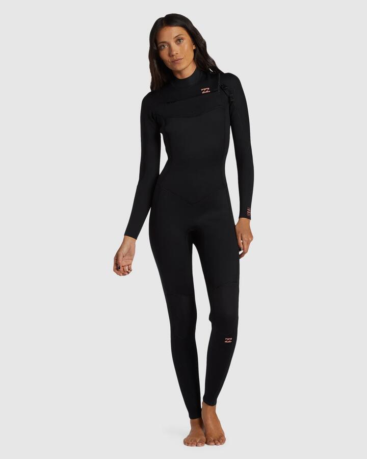 Image of a model wearing Tops. Productname: Billabong - Womens 4/3Mm Foil Chest Zip Steamer Wetsuit - Black - in Black colour by brand - Billabong