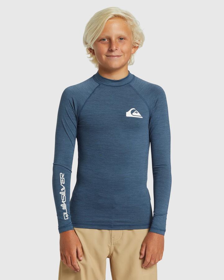 Image of a model wearing Tops. Productname: Quiksilver Boys 8-16 Everyday Solid Long Sleeve Upf 50 Rash Vest Vintage Indigo Heather - in Vintage Indigo Heather colour by brand - Quiksilver