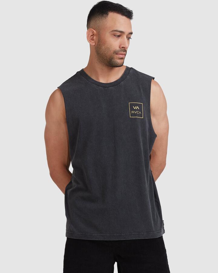 Image of a model wearing Tops. Product name - RVCA Mens Va All The Ways Muscle Black Acid in Black Acid colour by brand - RVCA