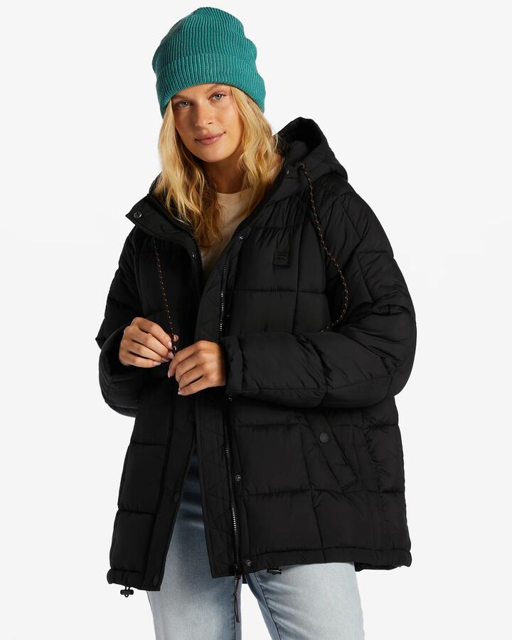 Image of a model wearing Outerwear. Product name - Billabong Womens Venture On Puffer Jacket Black 1 in Black 1 colour by brand - Billabong