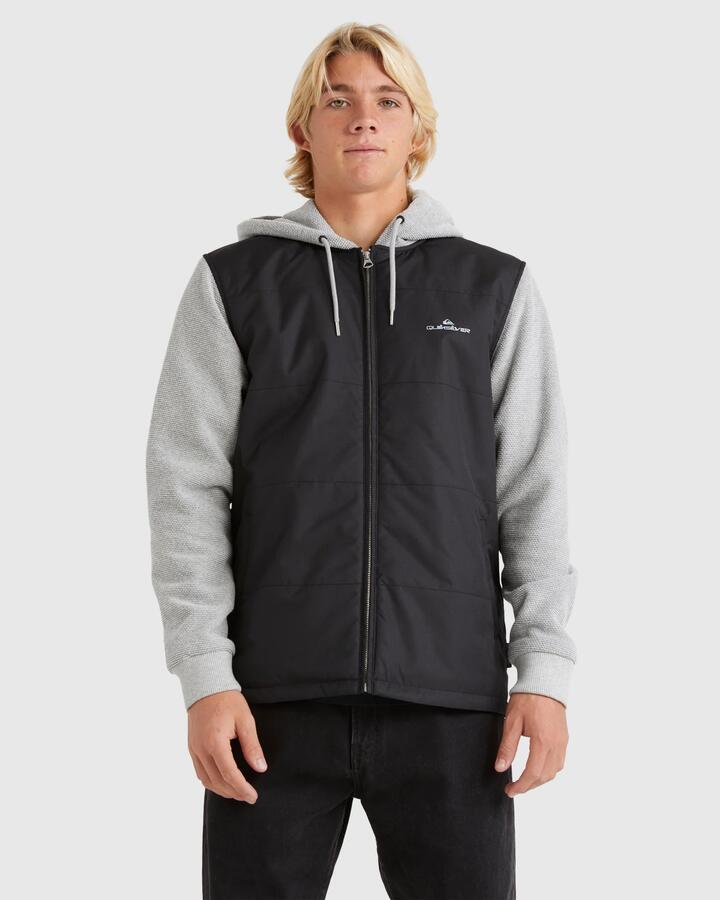 Image of a model wearing Outerwear. Product name - Quiksilver Mens Kasslow Pullover Hoodie Black in Black colour by brand - Quiksilver