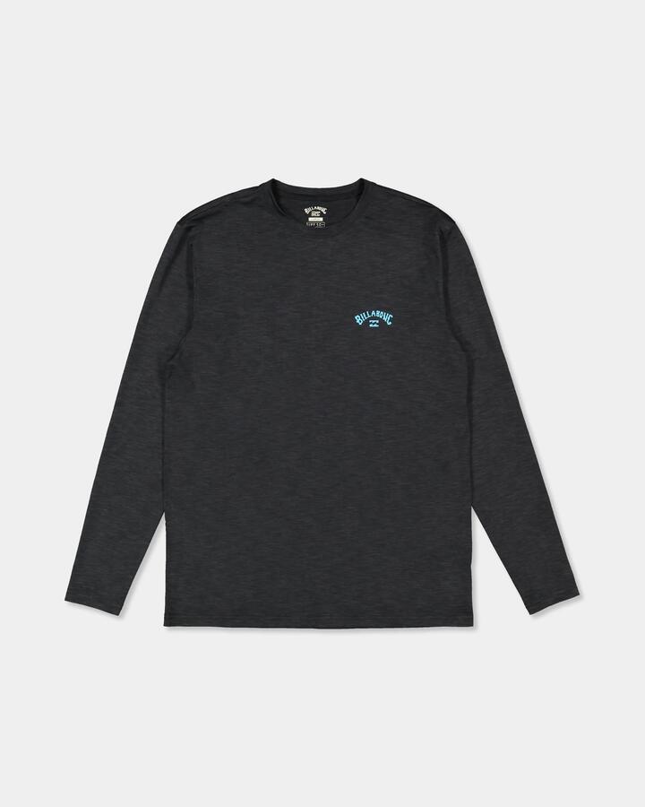 Image of a model wearing Tops. Product name - Billabong Mens Shoreline Loose Fit Long Sleeve Rash Vest Black Heather in Black Heather colour by brand - Billabong