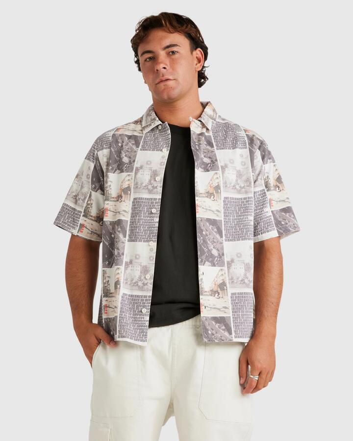 Image of a model wearing Tops. Product name - RVCA Mens Kyoto Vintage Short Sleeve Shirt Whisper White in Whisper White colour by brand - RVCA