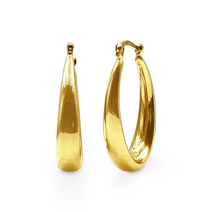 Image of Earrings. Product name - Tapered Oval Hoop Earrings in 9kt Yellow Bonded Gold in colour by brand - Bevilles