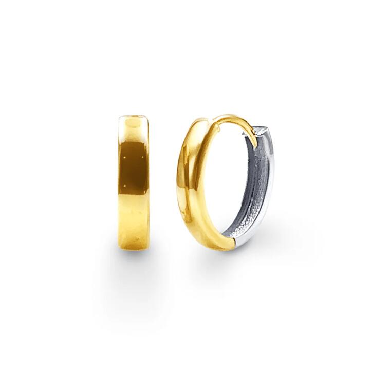 Image of Earrings. Productname: 9kt Yellow Gold Two Tone Oval Huggie Hoop Earrings in Gold colour by brand - Bevilles