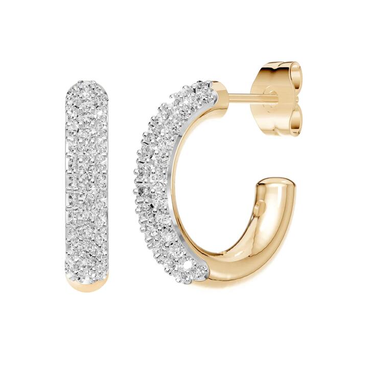 Image of Earrings. Product name - J Hoop Earrings with 1.00tw of Laboratory-Grown Diamonds in 9kt Yellow Gold in colour by brand - Bevilles