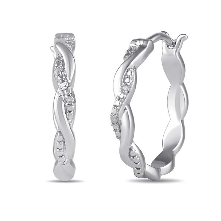 Image of Earrings. Productname: Diamond Set Plait Hoop Earrings in Sterling Silver in Diamond colour by brand - Bevilles