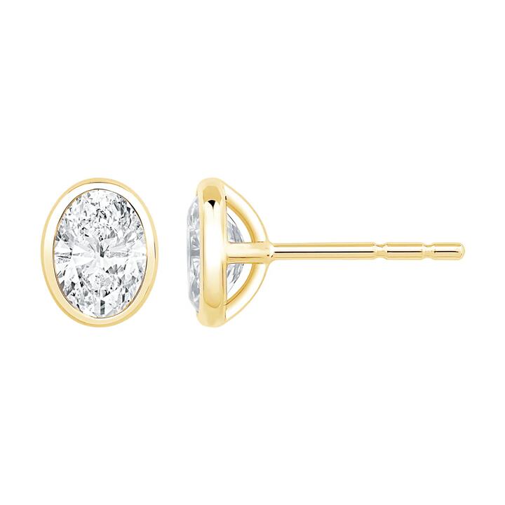 Image of Earrings. Product name - Oval Cut Solitaire Stud Earrings with 1.00tw of Laboratory-Grown Diamonds in 9kt Yellow Gold in colour by brand - Bevilles