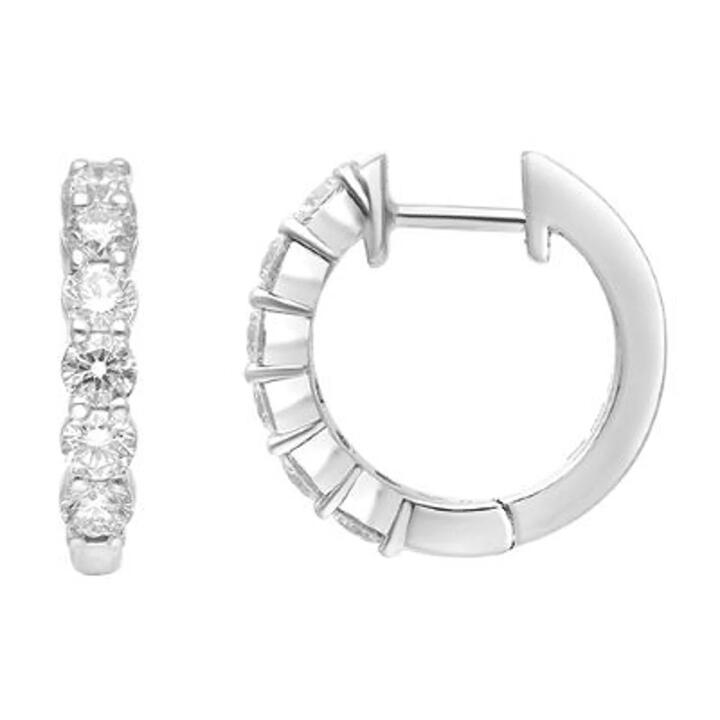 Image of Earrings. Product name - Single Row Hoop Earrings with 1.00tw of Laboratory-Grown Diamonds in Sterling Silver and Platinum in colour by brand - Bevilles