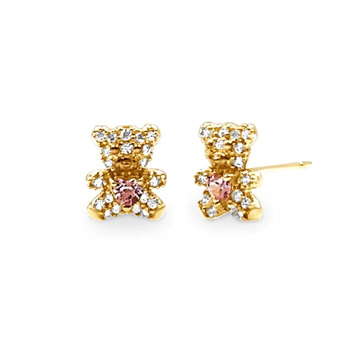 Image of Earrings. Productname: Mini Teddy Stud Earrings with Cubic Zirconia in 9kt Yellow Gold in Gold colour by brand - Bevilles