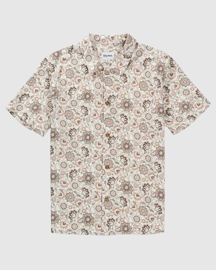 Image of a model wearing Tops. Productname: Rhythm Mens Raya Paisley Short Sleeve Shirt Natural - in Natural colour by brand - Rhythm