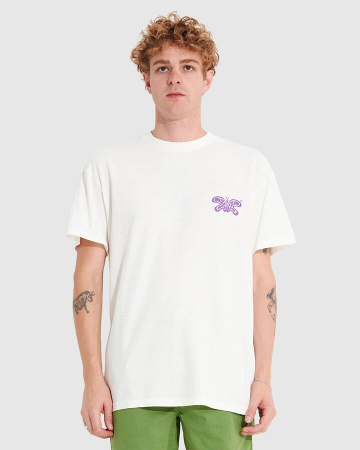 Image of a model wearing Tops. Productname: Misfit Mens Acetime Reverse T-Shirt Pigment Thrift White - in Pigment Thrift White colour by brand - Misfit