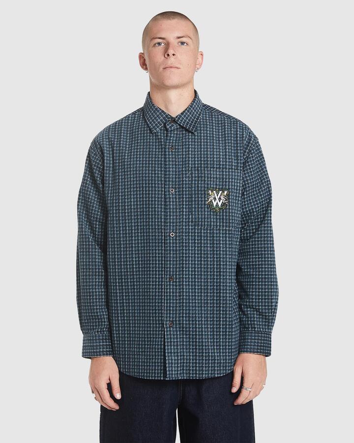 Image of a model wearing Tops. Productname: Worship Mens Chapter Long Sleeve Shirt Blackberry - in Blackberry colour by brand - Worship