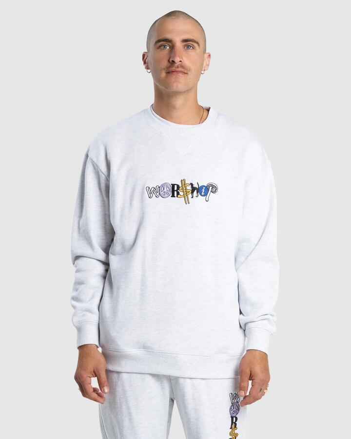 Image of a model wearing Outerwear. Product name - Worship Mens Jumble Fleece Crew Neck Sno Marle in Sno Marle colour by brand - Worship