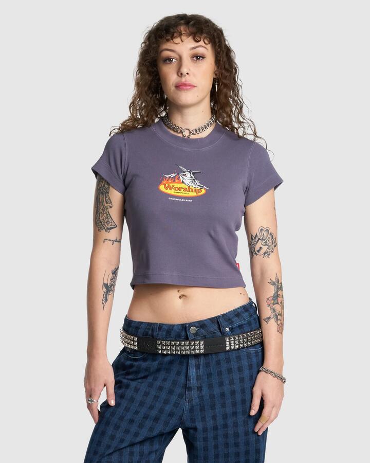 Image of a model wearing Tops. Productname: Worship Womens Controlled Burn T-Shirt Graystone - in Graystone colour by brand - Worship