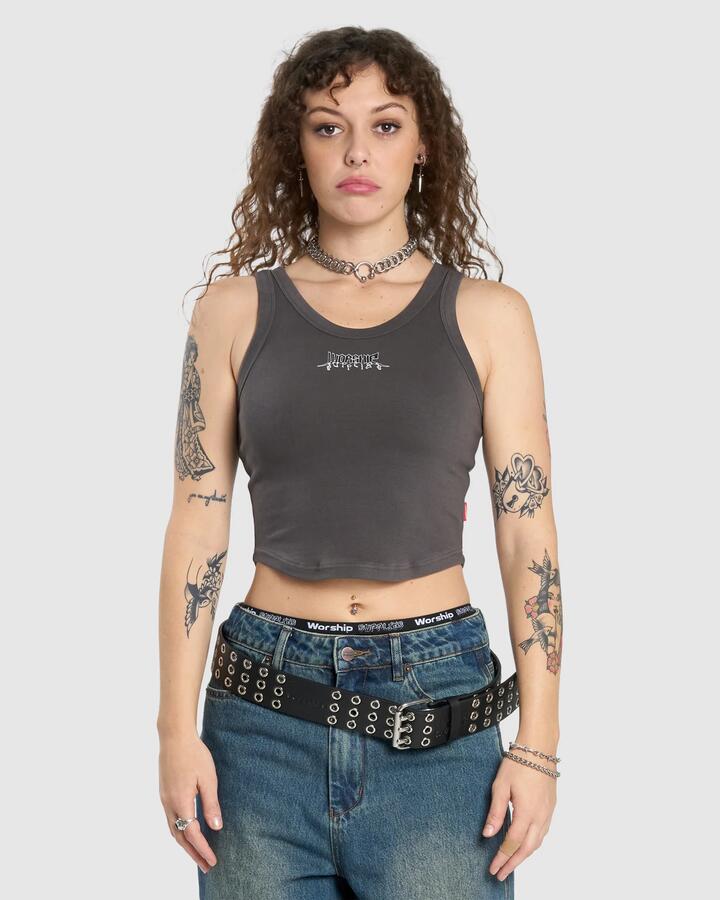 Image of a model wearing Tops. Productname: Worship - Womens Swan Lake Curve Tank Top - Worn Black - in Worn Black colour by brand - Worship