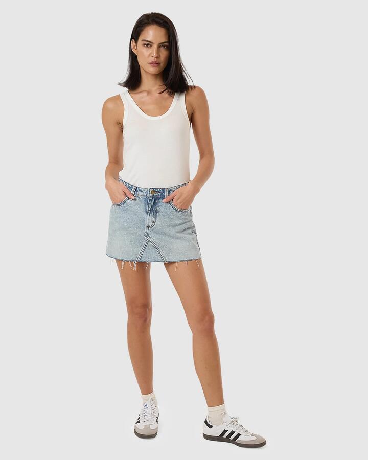 Image of a model wearing Skirts. Productname: Thrills - Womens Candy Denim Skirt - Tainted Blue - in Tainted Blue colour by brand - Thrills